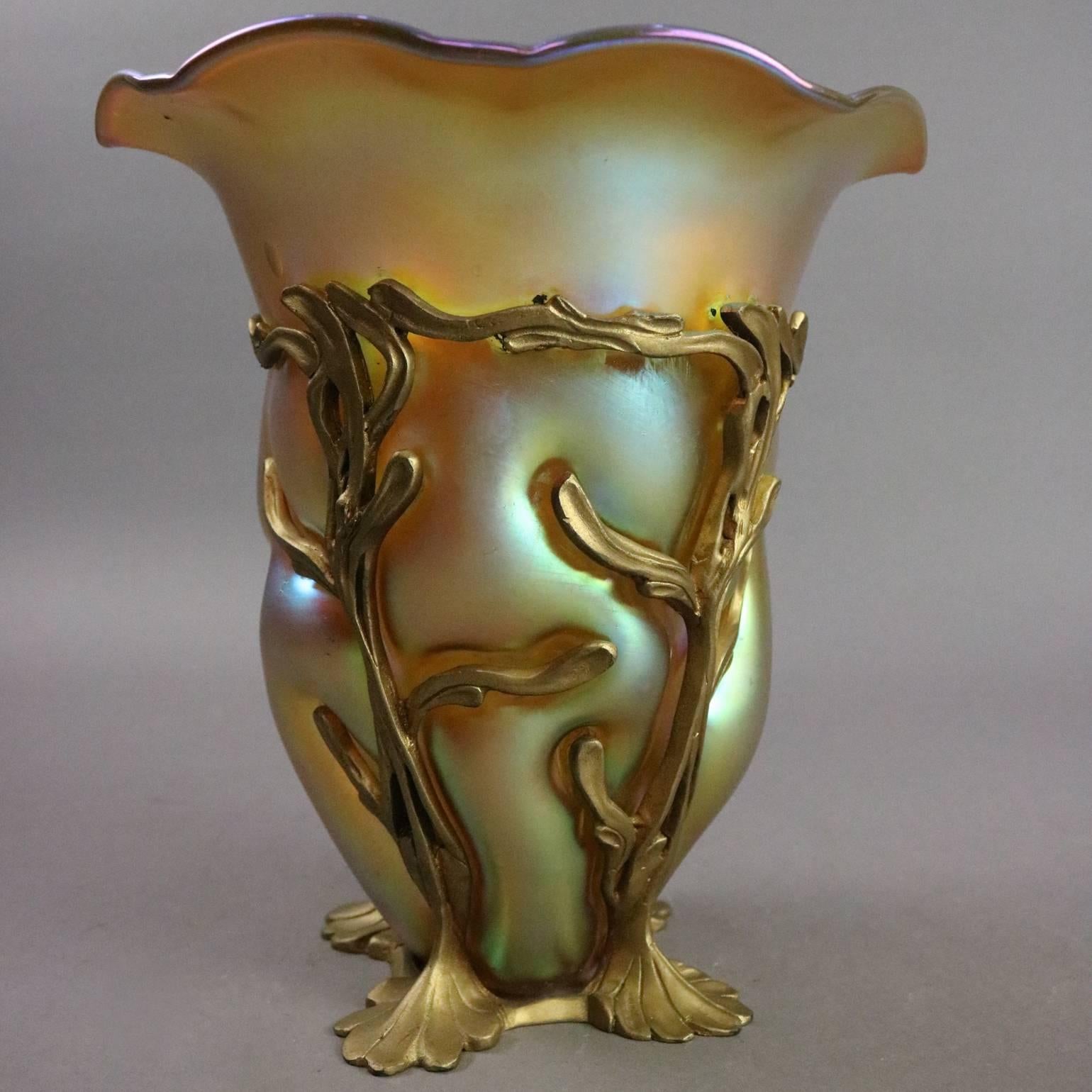 Antique Art Nouveau Tiffany Favrile Art Glass & Bronze Vase, Signed, circa 1920 In Good Condition In Big Flats, NY