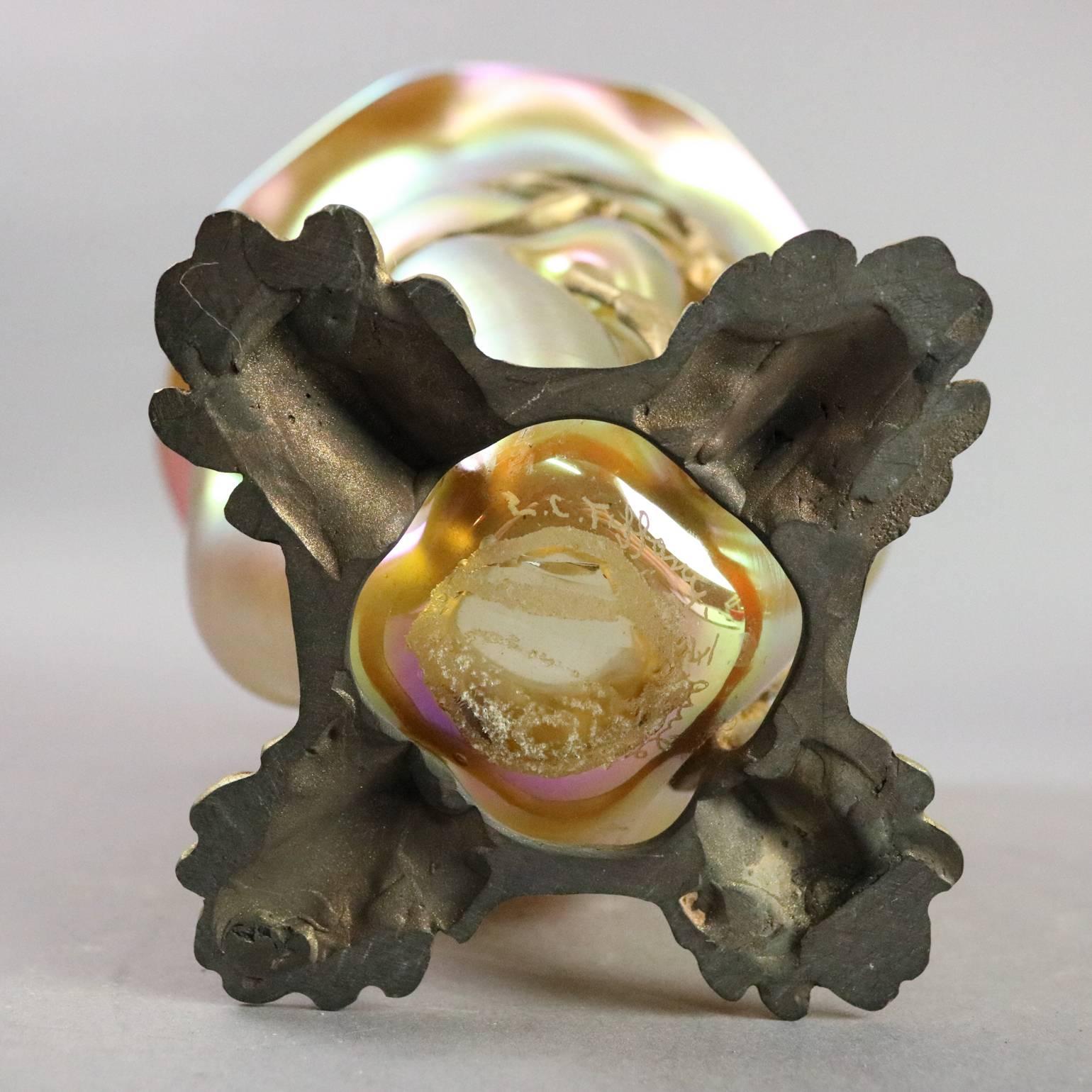 20th Century Antique Art Nouveau Tiffany Favrile Art Glass & Bronze Vase, Signed, circa 1920