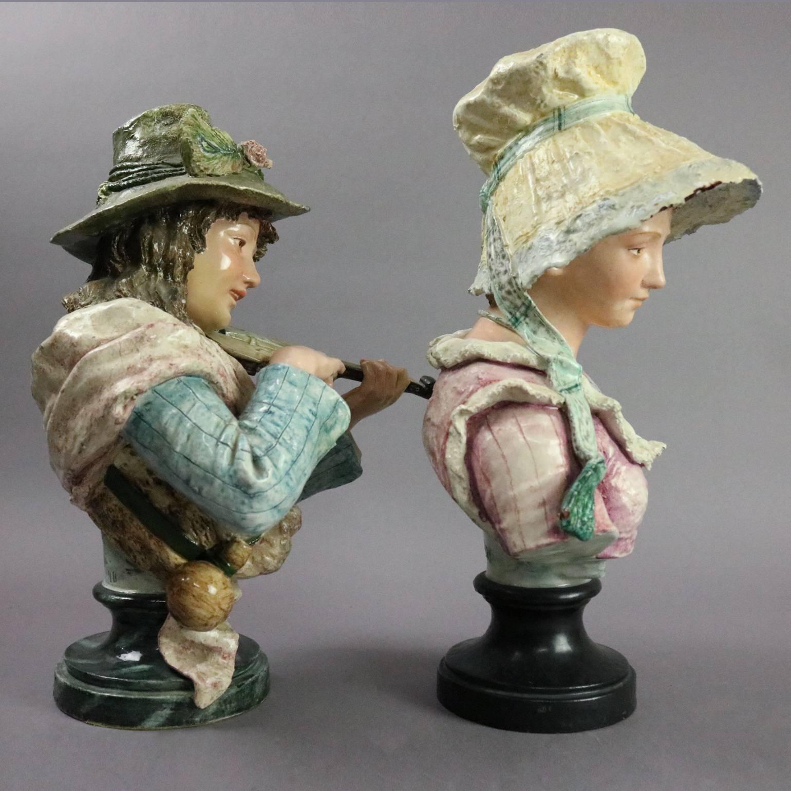 Hand-Painted Pair of Antique German Majolica Pottery Busts, Young Woman and Musician