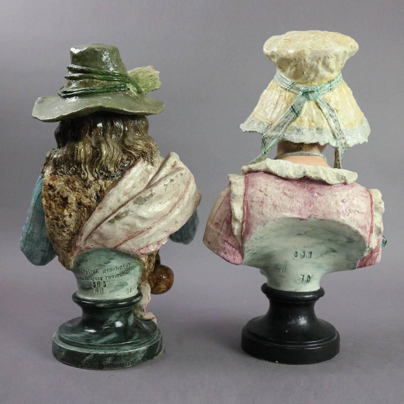 Pair of Antique German Majolica Pottery Busts, Young Woman and Musician In Good Condition In Big Flats, NY