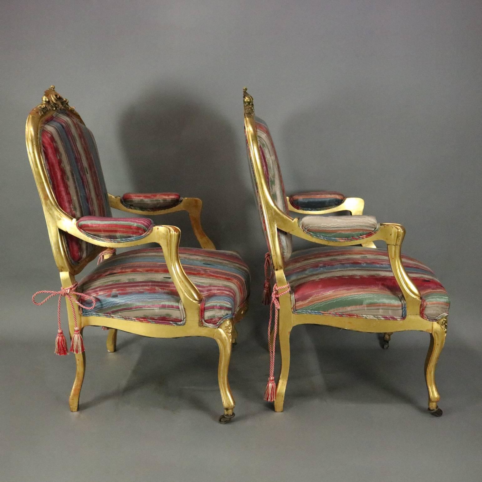 19th Century Pair Antique French Louis XIV Style Carved Giltwood Upholstered Armchairs, c1870