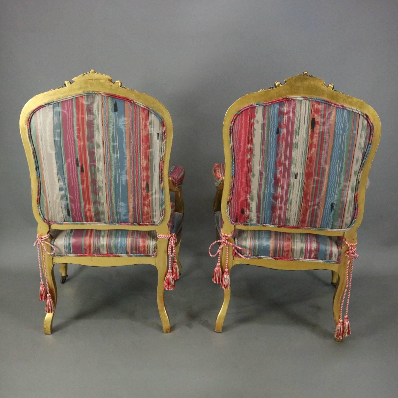 Pair Antique French Louis XIV Style Carved Giltwood Upholstered Armchairs, c1870 In Good Condition In Big Flats, NY