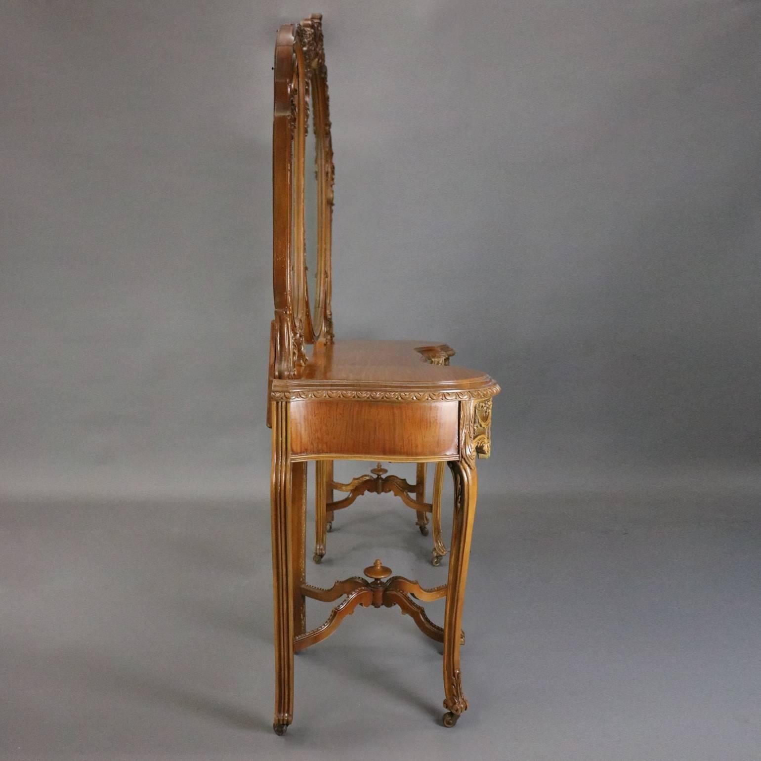 Antique French Neoclassical Carved Walnut Vanity with Mirror and Chair In Good Condition In Big Flats, NY