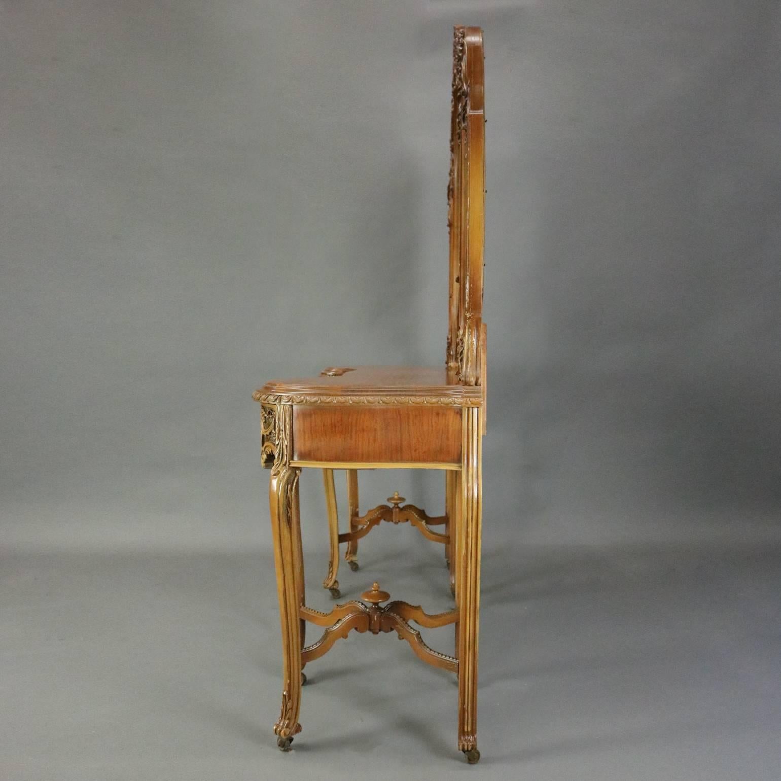 Antique French Neoclassical Carved Walnut Vanity with Mirror and Chair 1