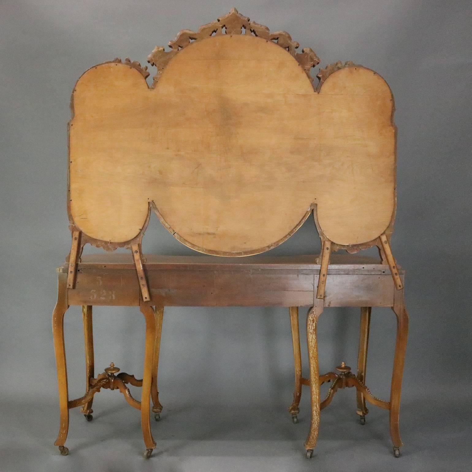 20th Century Antique French Neoclassical Carved Walnut Vanity with Mirror and Chair