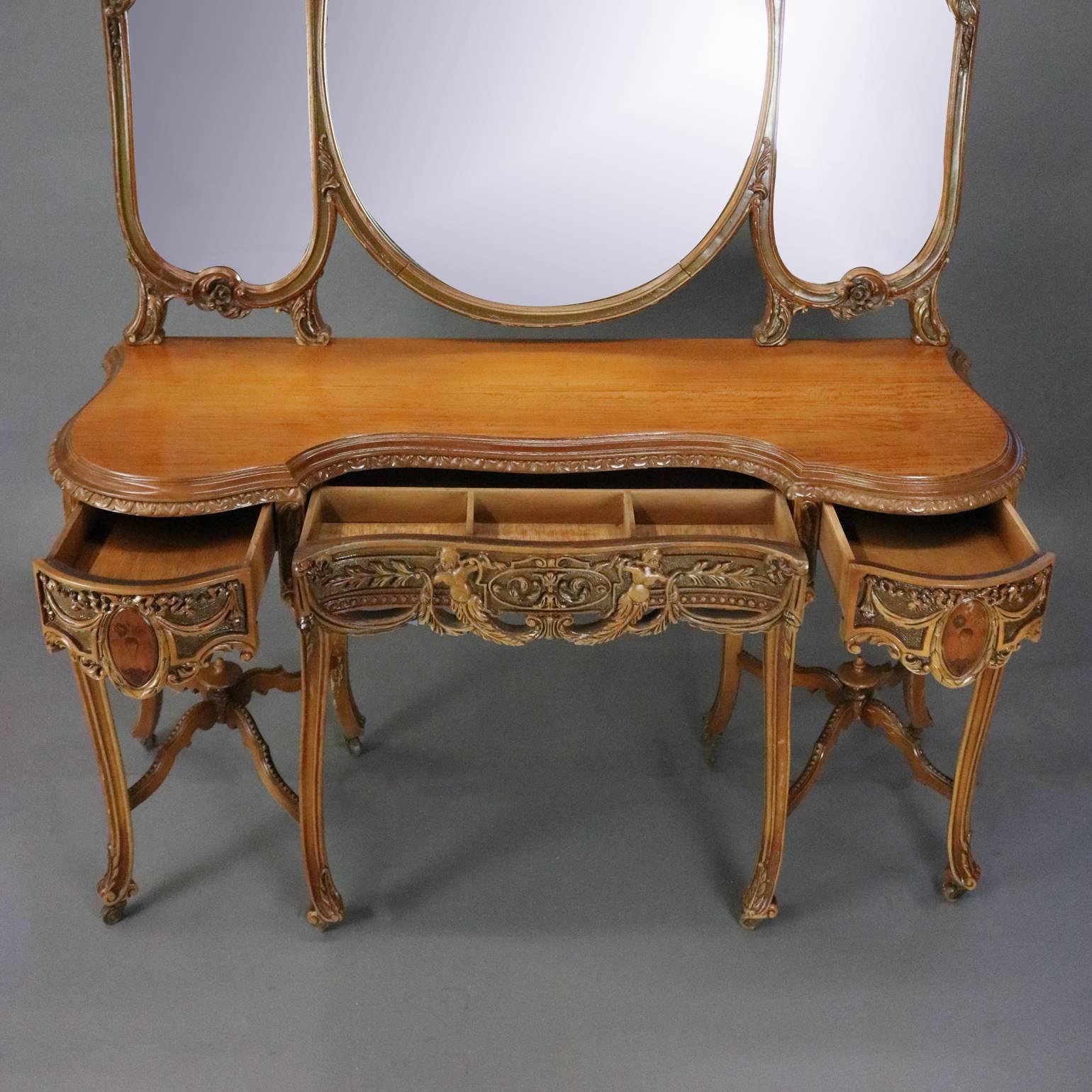 Antique French Neoclassical Carved Walnut Vanity with Mirror and Chair 4