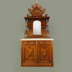 Antique Heavily Carved Oak Mirrored Marble-Top Sideboard with Candle Stands