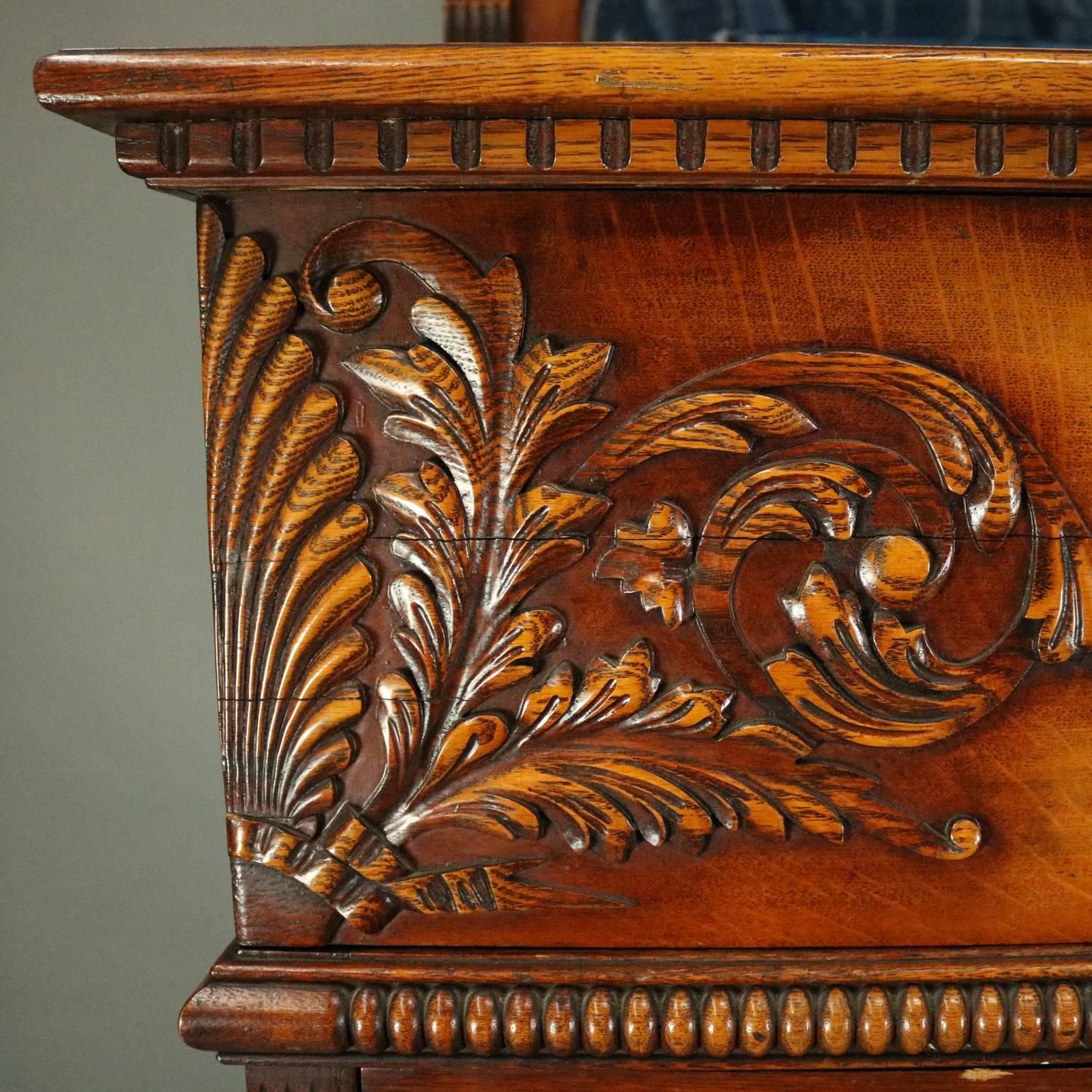 Oversized Antique Carved Oak and Bronze Five-Drawer Bonnet Chest, circa 1880 In Good Condition In Big Flats, NY