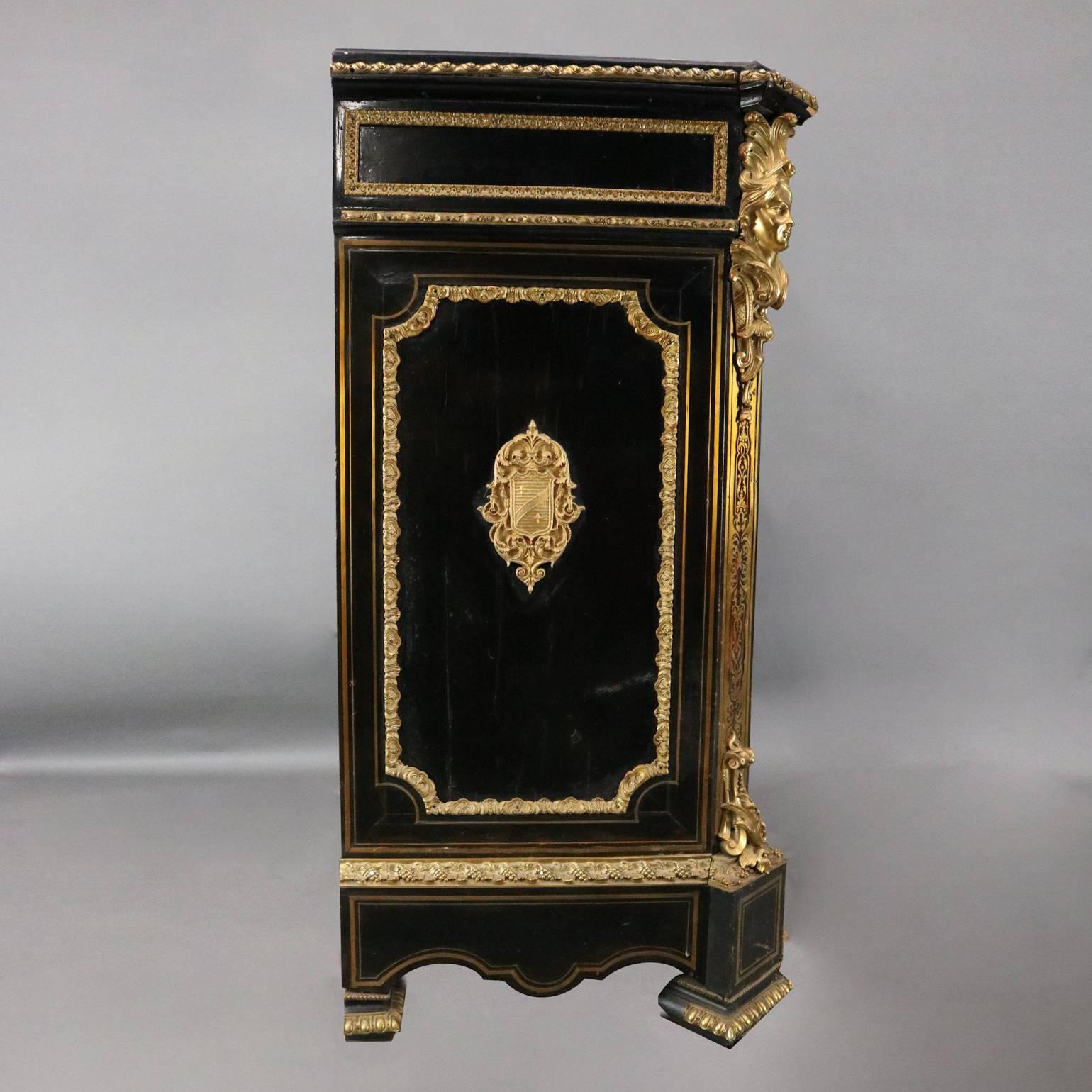 Cast 19th Century Antique French Boulle Tortoise, Ebonized, Ormolu & Marble Credenza