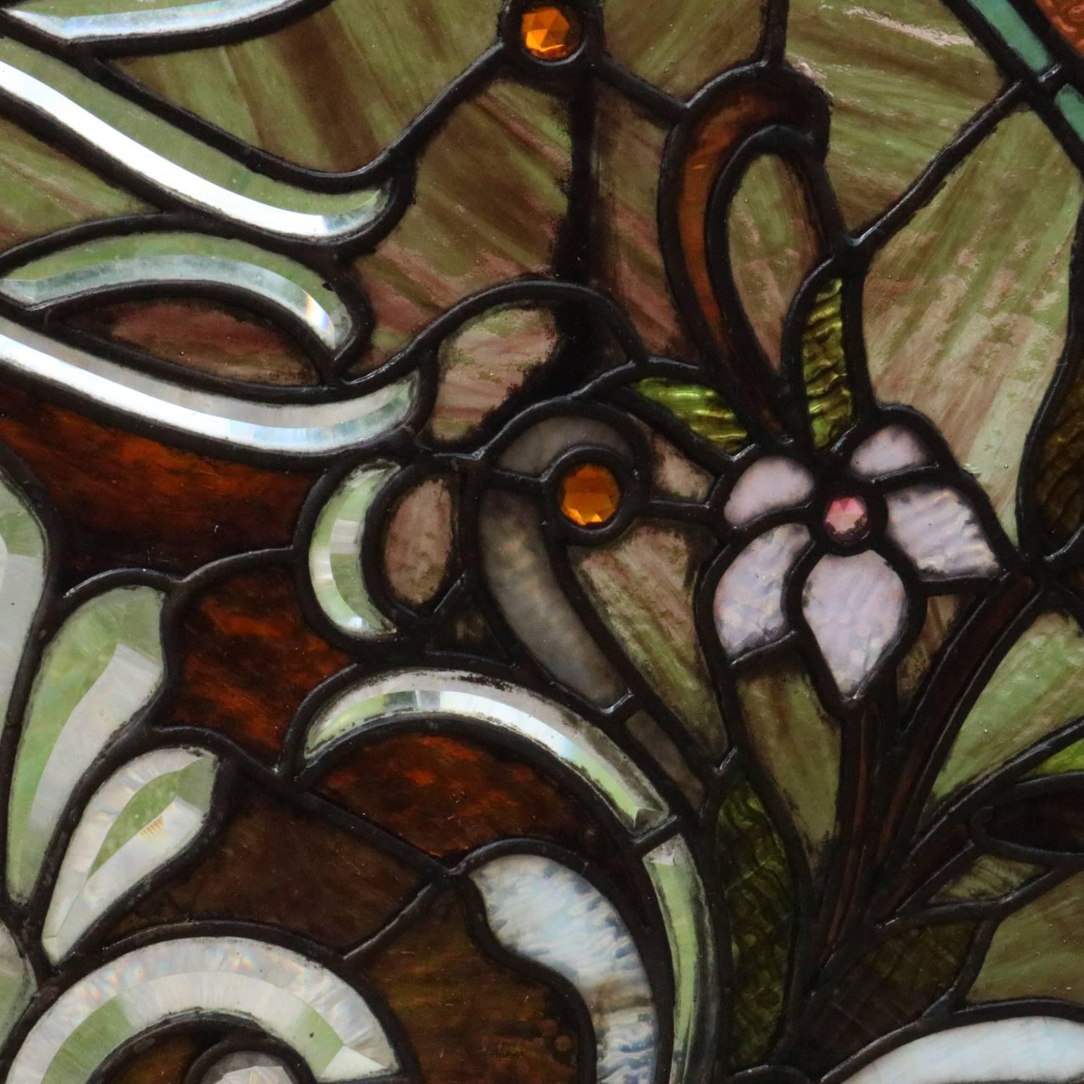 American Antique Art Nouveau Leaded Stained Glass Window, Floral, circa 1920