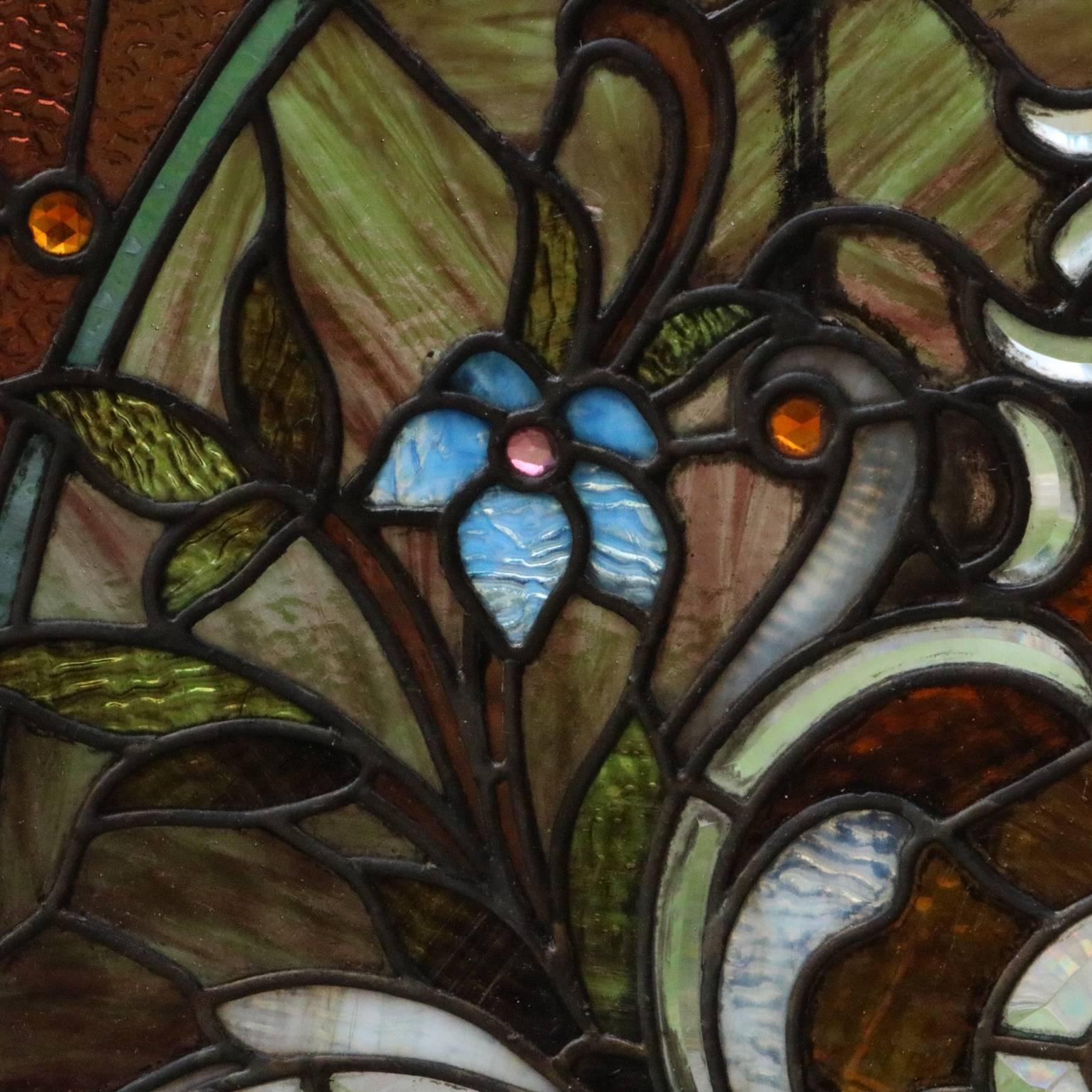 Antique Art Nouveau Leaded Stained Glass Window, Floral, circa 1920 In Good Condition In Big Flats, NY