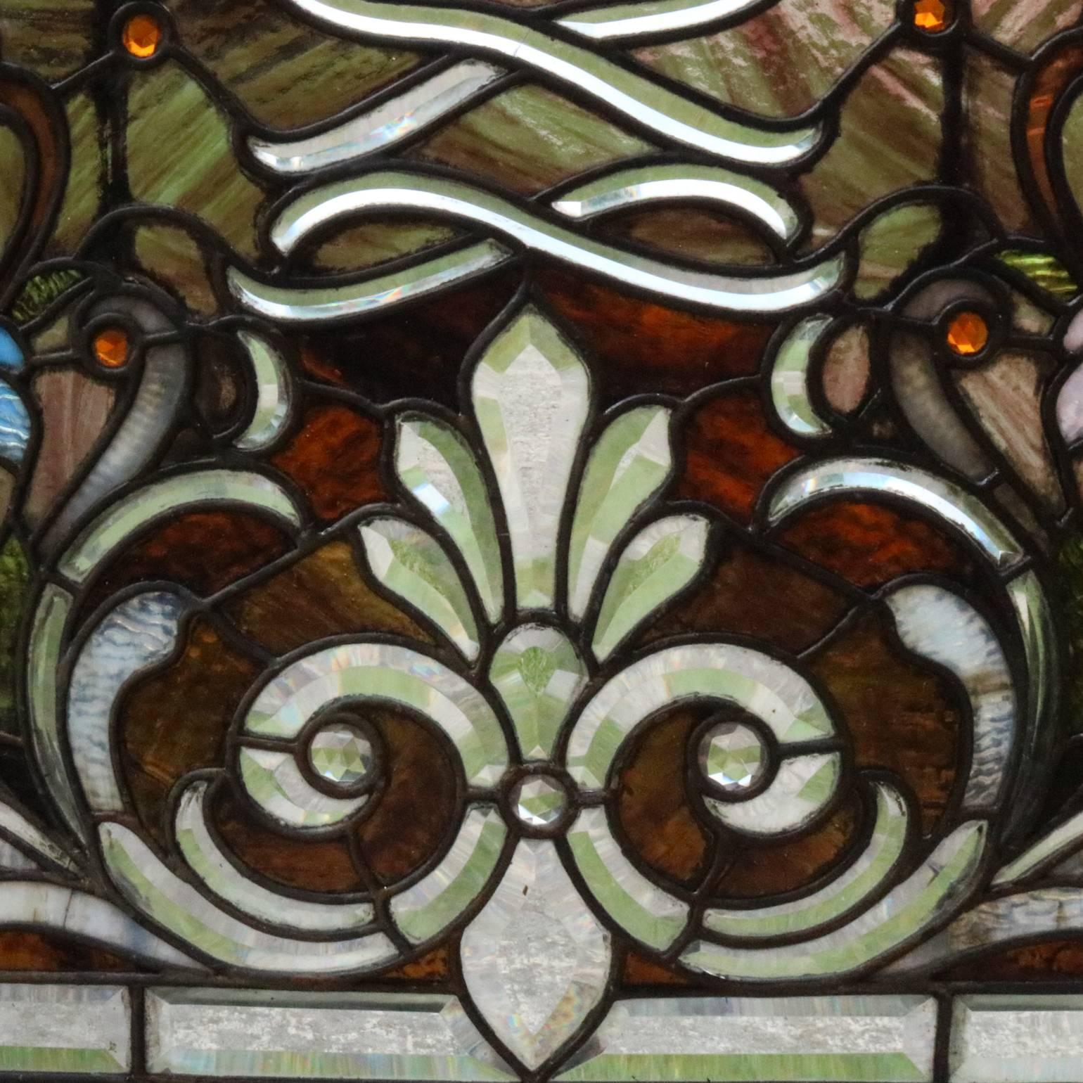 20th Century Antique Art Nouveau Leaded Stained Glass Window, Floral, circa 1920