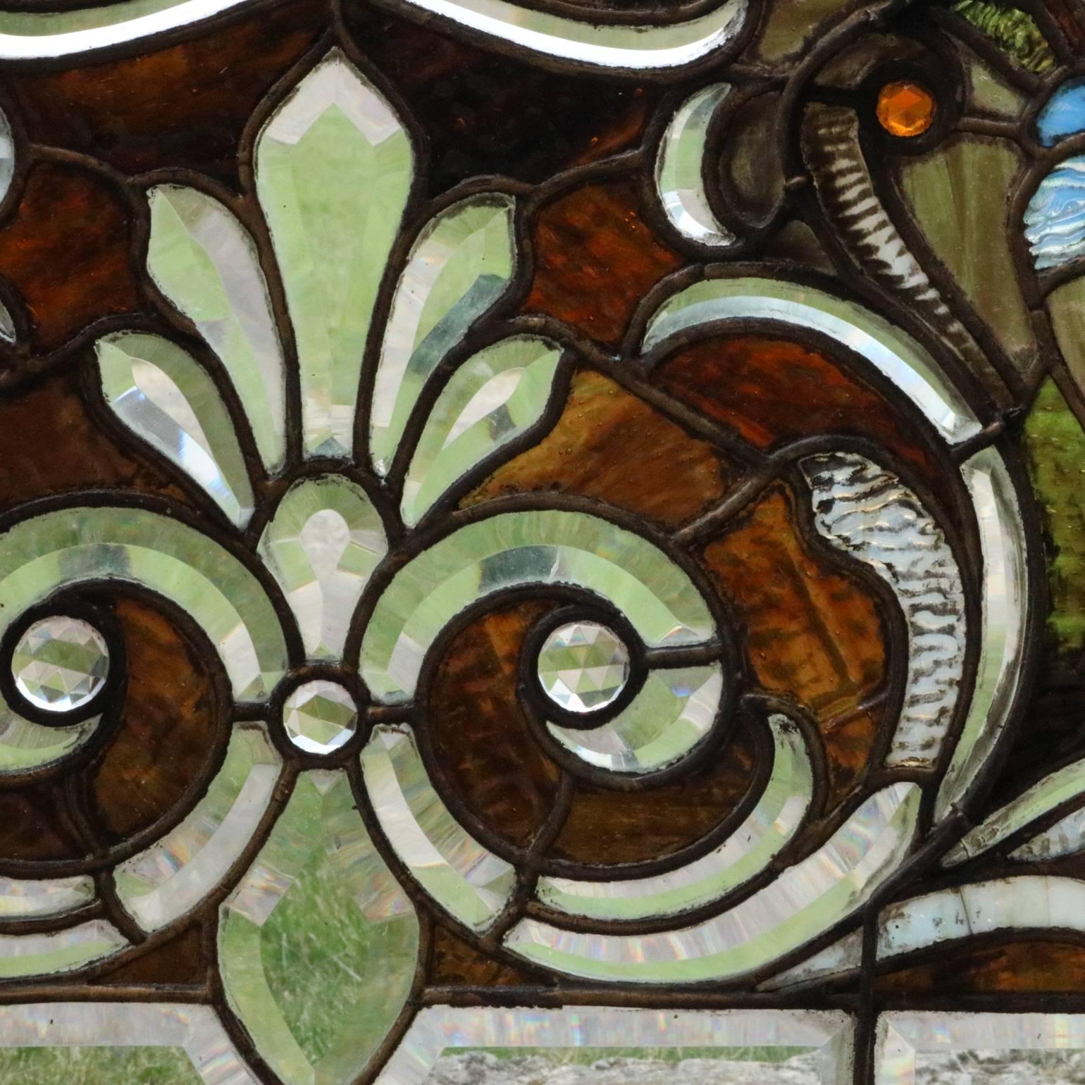 Slag Glass Antique Art Nouveau Leaded Stained Glass Window, Floral, circa 1920
