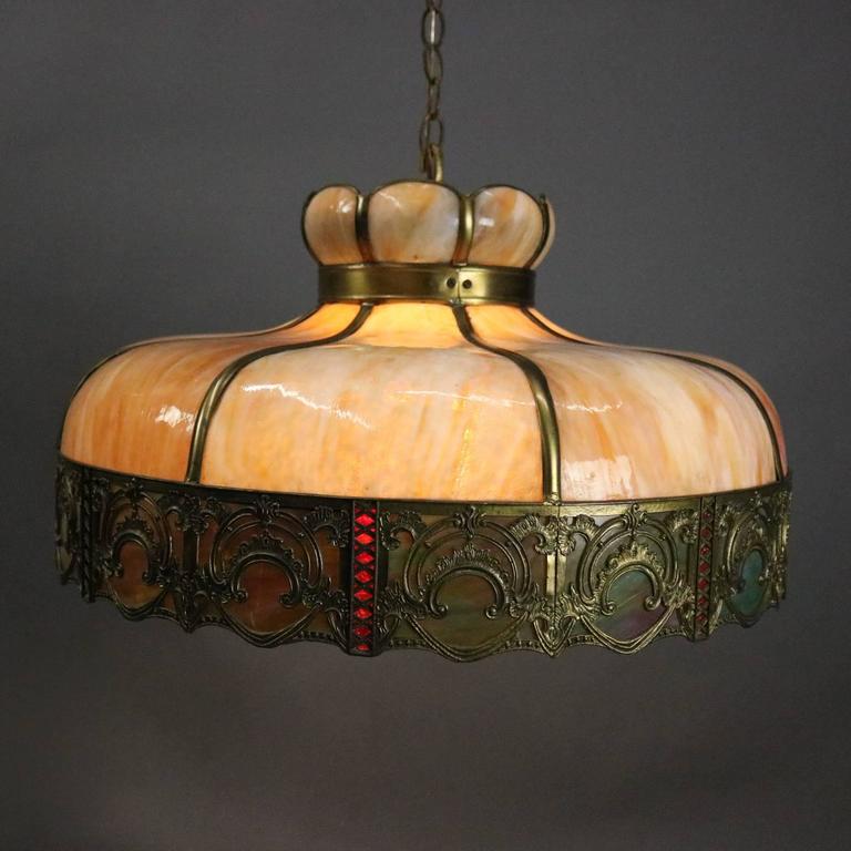 Antique Art And Crafts Filigree Slag Glass Hanging Chandelier Antique Arts And Crafts Chandelier Features Filigree Bronze Shade With Two Tone Beige Amp