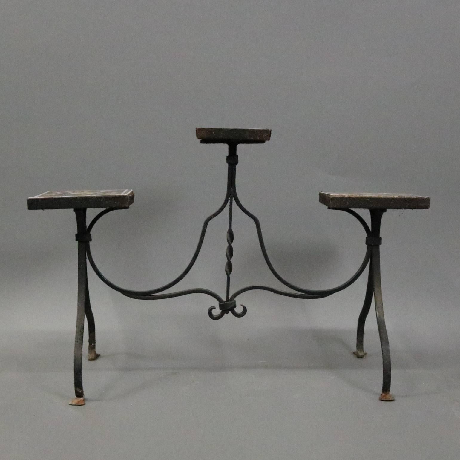 Arts and Crafts Wrought Iron Yellin School & California Ceramic Tile Plant Stand, circa 1910