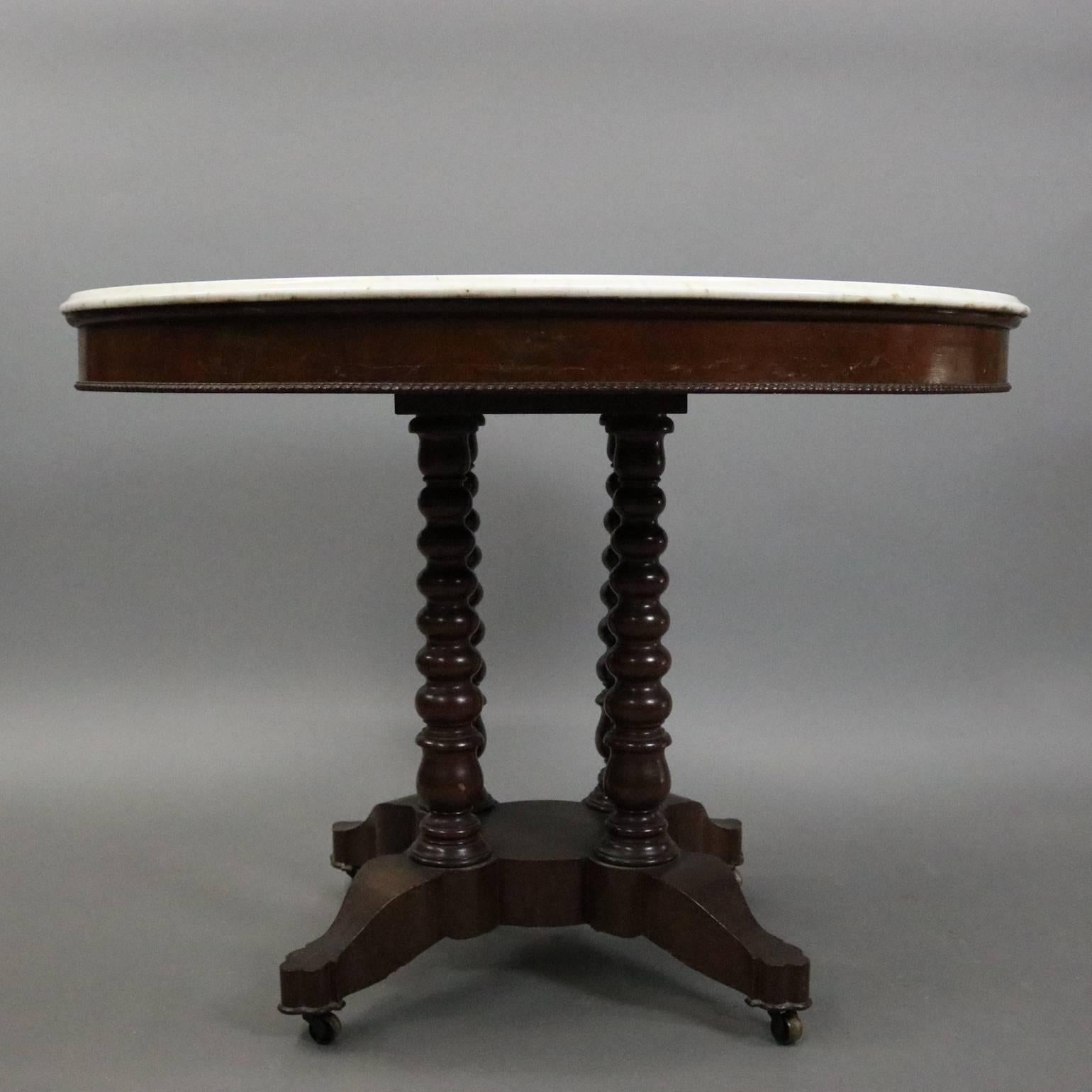 19th Century Antique Carved Walnut and Marble Oval Parlor Lamp Table, circa 1880