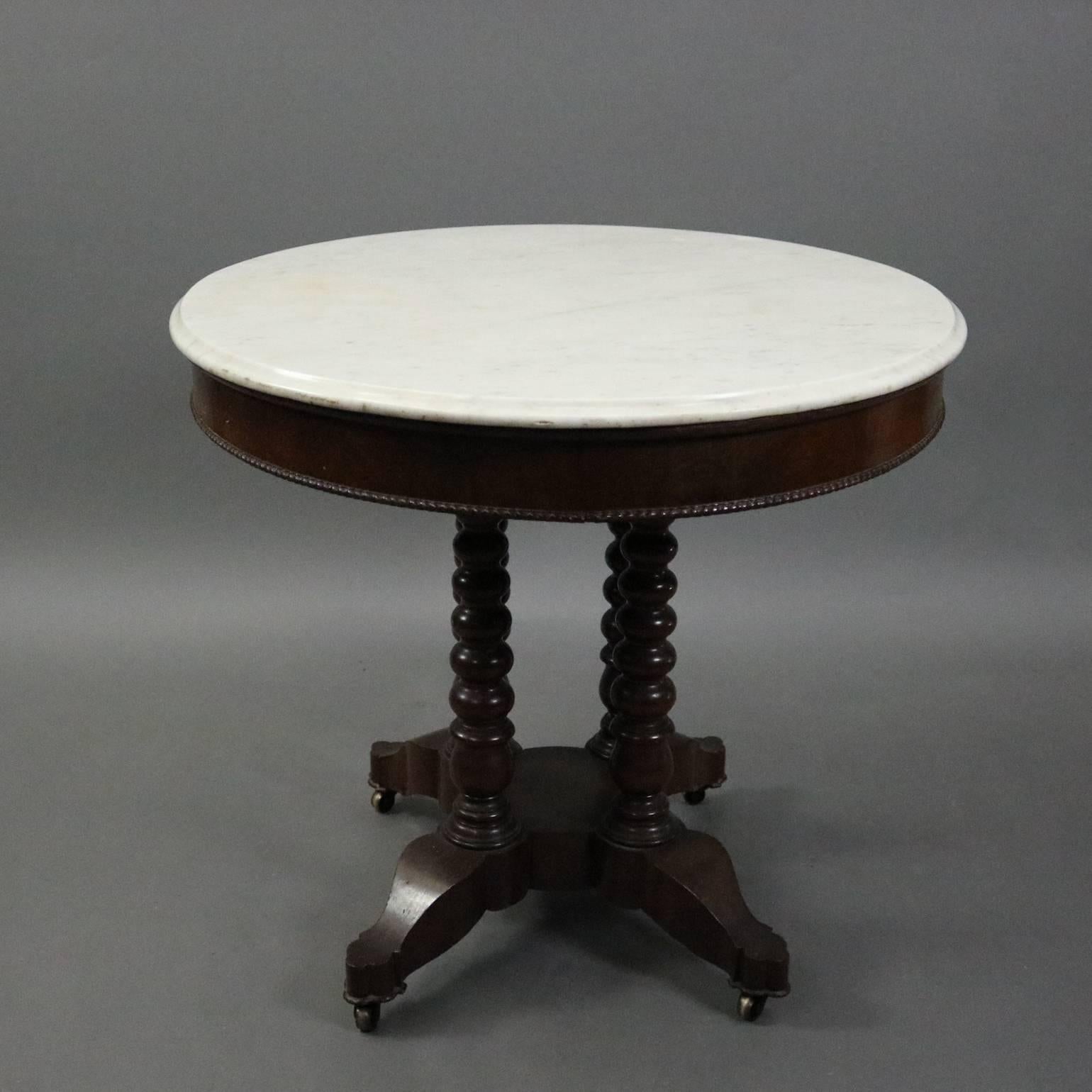 Antique Carved Walnut and Marble Oval Parlor Lamp Table, circa 1880 In Good Condition In Big Flats, NY