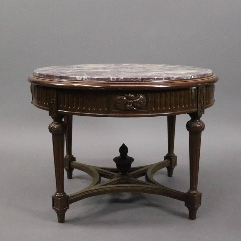Vintage French Carved Mahogany and Marble Round End Table, circa 1940