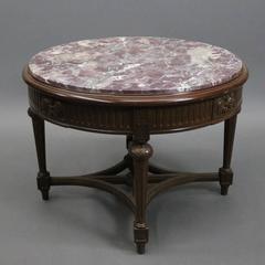 Vintage French Carved Mahogany and Marble Round End Table, circa 1940