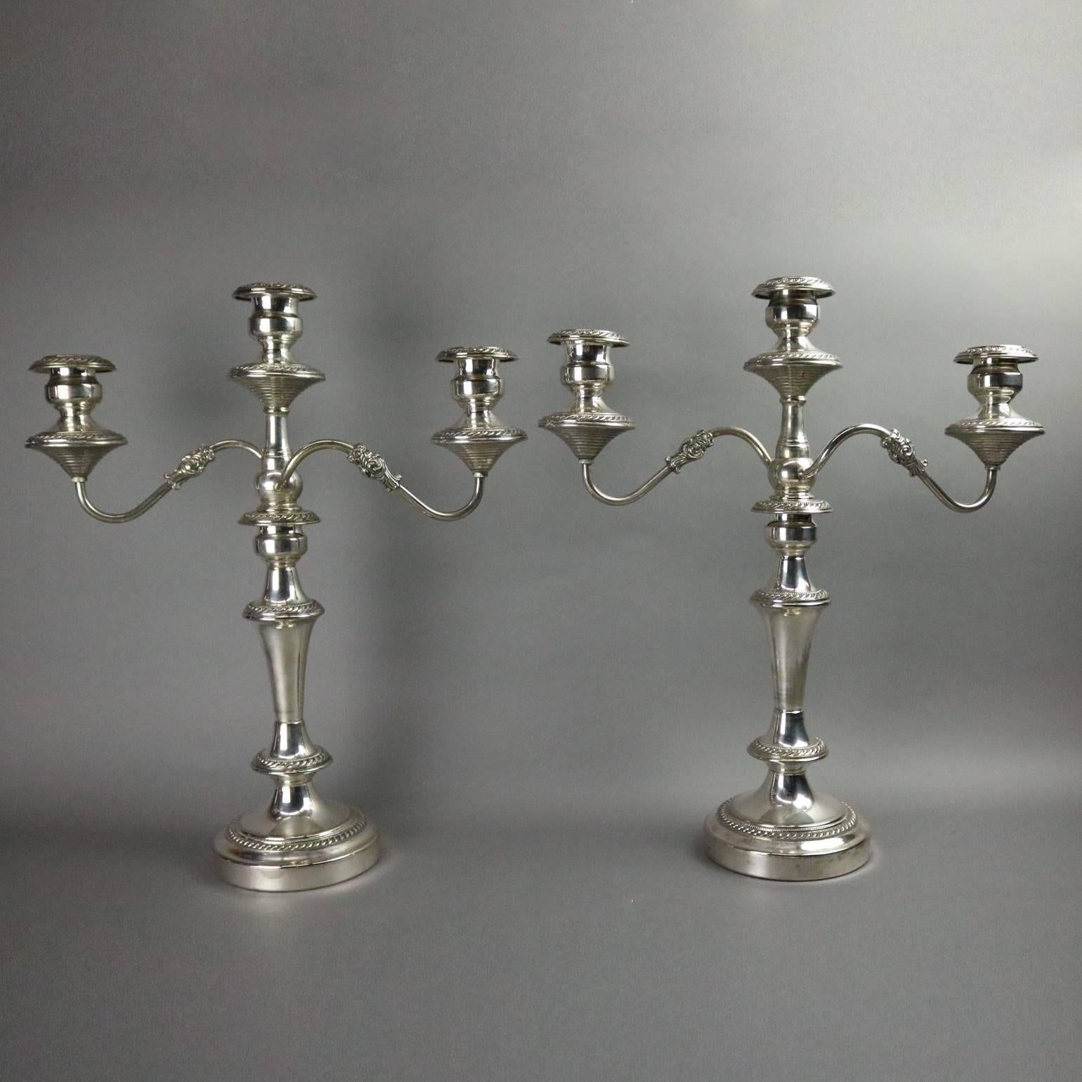 Antique set of three silver plate on copper three-light candelabra, circa 1880.

***DELIVERY NOTICE – Due to COVID-19 we are employing NO-CONTACT PRACTICES in the transfer of purchased items.  Additionally, for those who prefer to delay