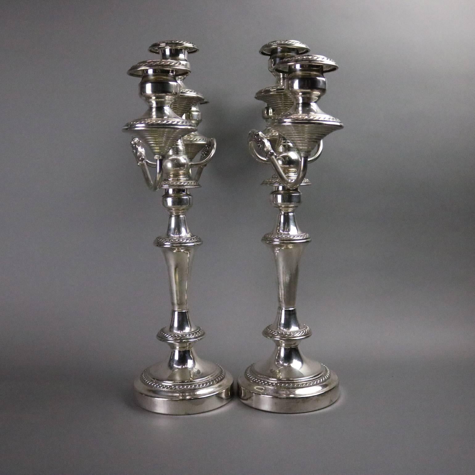 Antique Set of Silver Plate on Copper Three-Light Candelabra, circa 1880 In Good Condition In Big Flats, NY