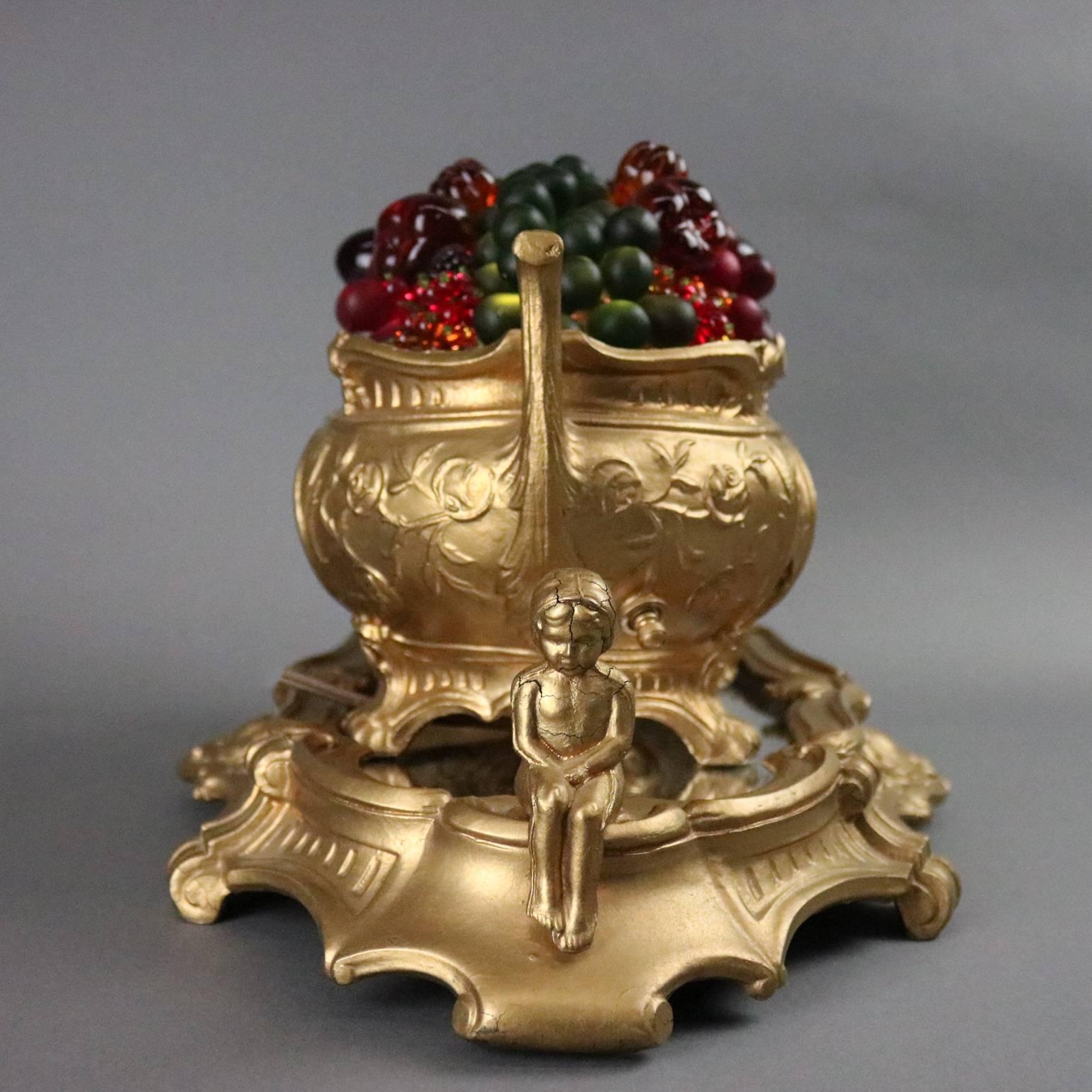 Antique Czech Neoclassical Gilt Table Lamp, Fruit Filled Tureen, circa 1930 In Good Condition In Big Flats, NY
