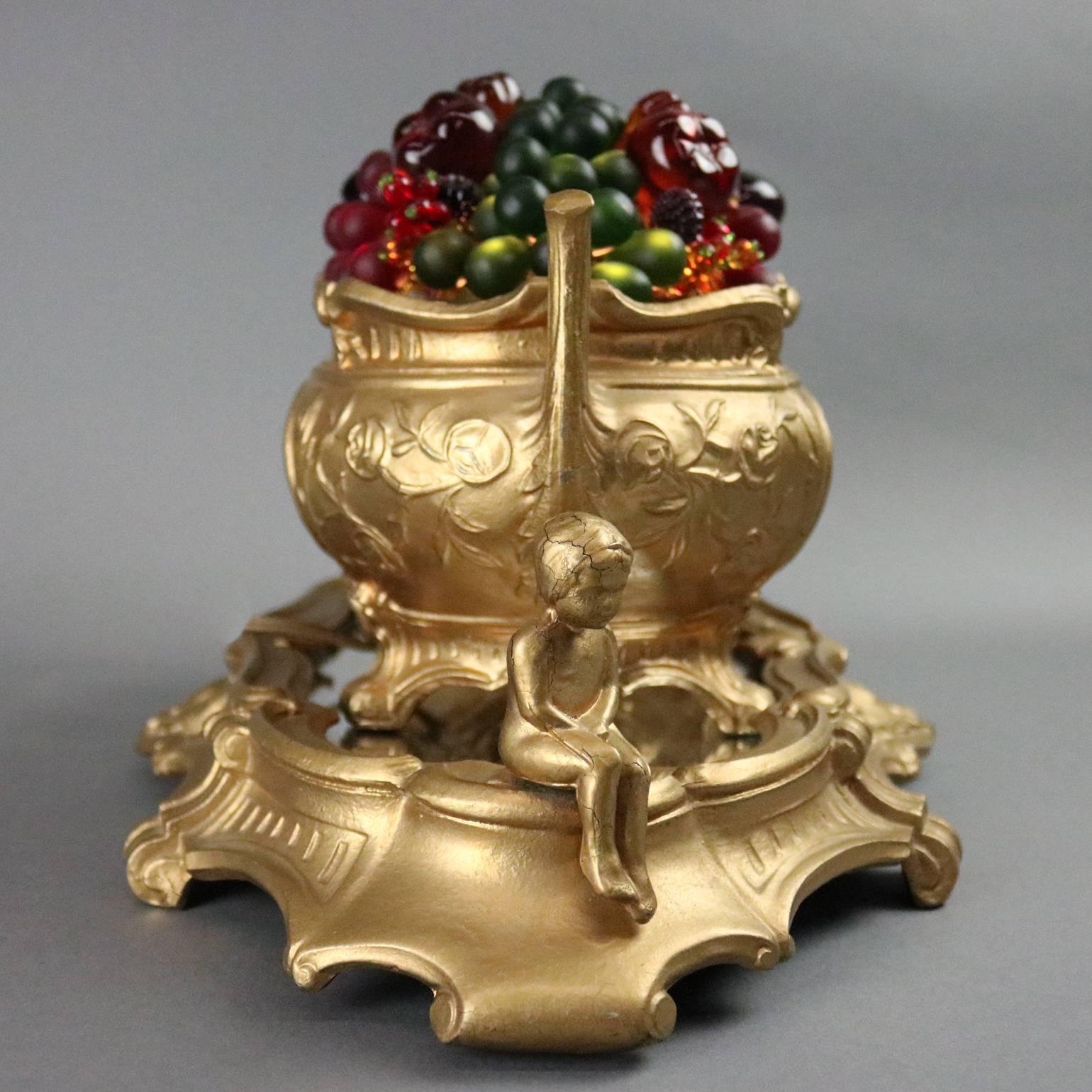 20th Century Antique Czech Neoclassical Gilt Table Lamp, Fruit Filled Tureen, circa 1930