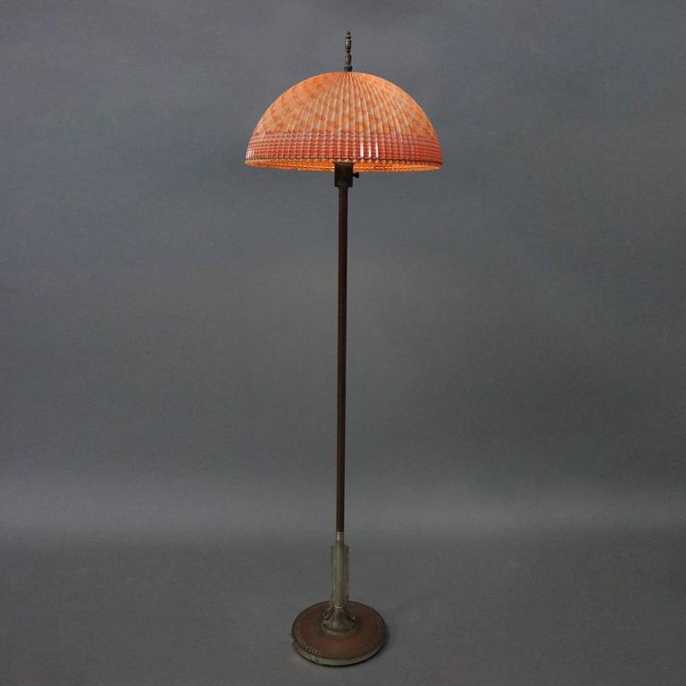 Rare Aladdin Bronze Feather Lamp With Pleated Cellulite Shade Signed Rare Antique Aladdin Floor Lamp Features Bronze Base With Feather Decorated Lower Pleated Cellulite Shade