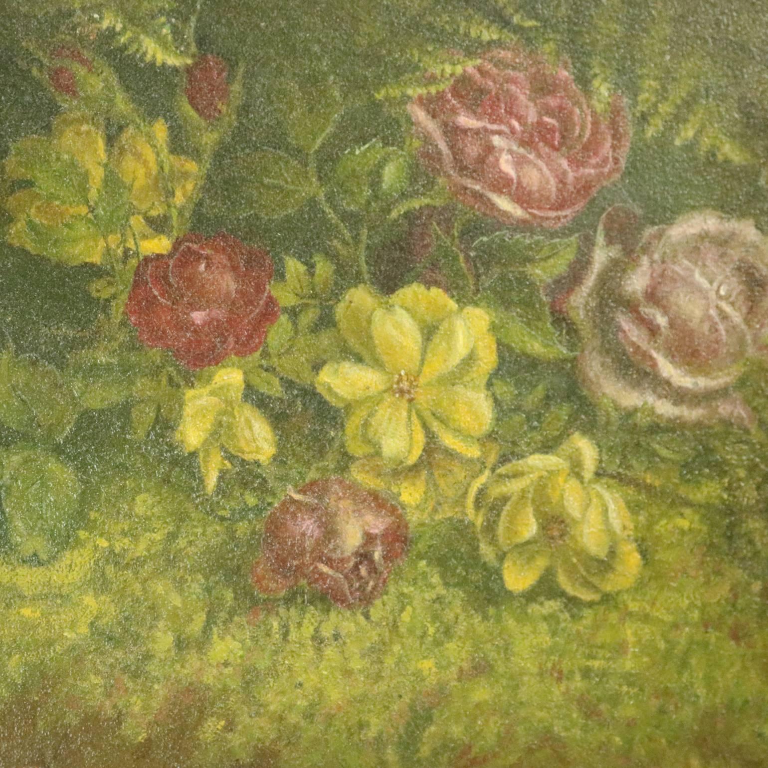 Antique oil on board painting depicts forest floor with wild roses seated in gold gilt surround, unsigned, circa 1880

Measures: 17.75" H x 23.75" W x .75" D framed; 11.5" H x 17.5" W sight.