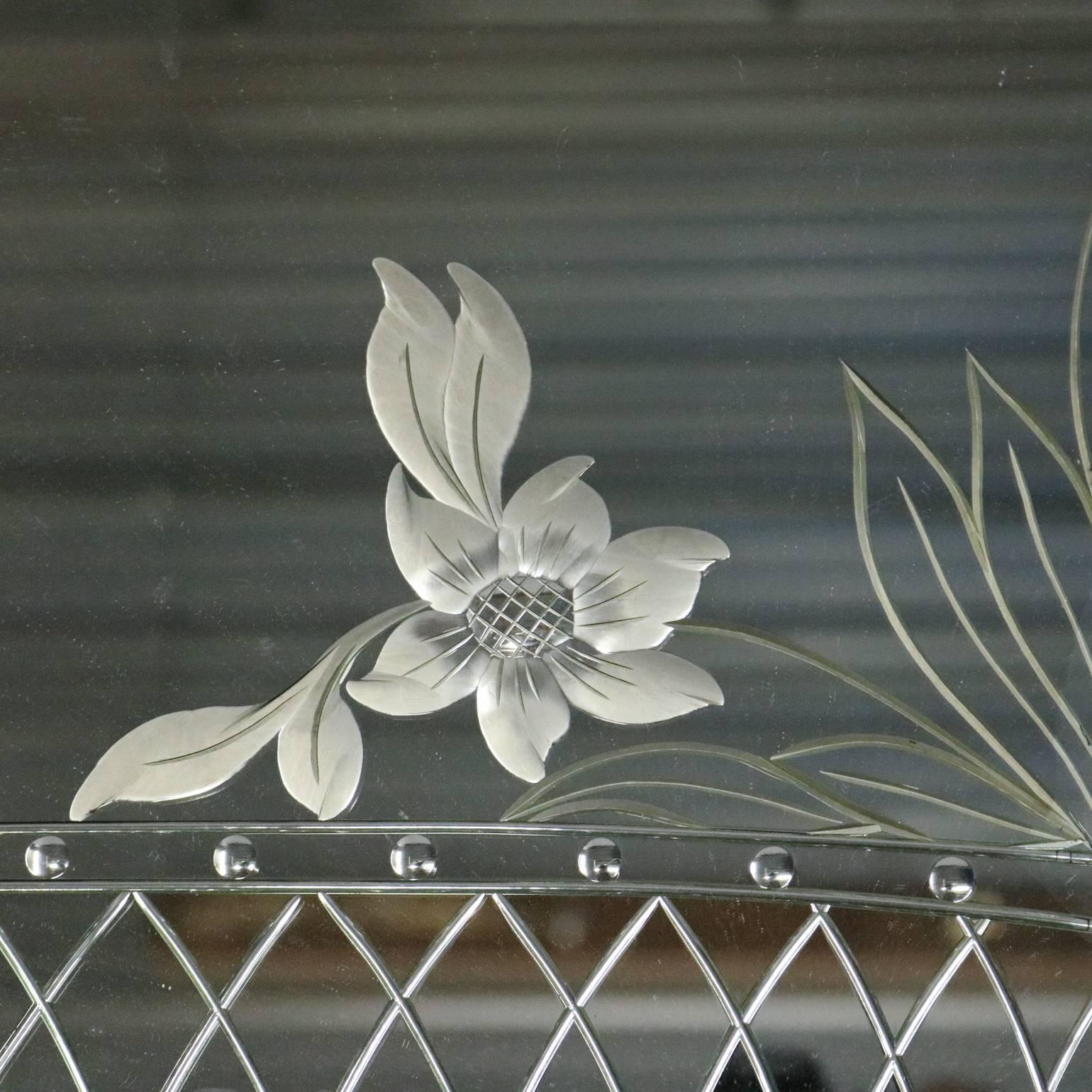 European Antique Art Deco Reverse Carved Wall Mirror, Basket-of-flowers, circa 1930