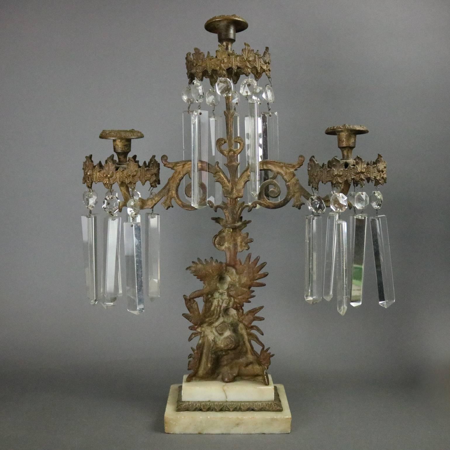 British Colonial Antique Three-Piece Early Bronze Marble and Crystal Girandole Set Colonial Scene