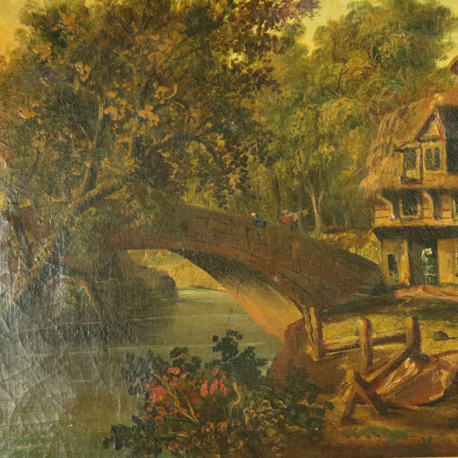 19th century antique European School oil on canvas painting depicts country setting with stone bridge over stream and leading to a Primitive home, unsigned.

Measures: 24" H x 20.5" W framed; 14" H x 18" W sight.