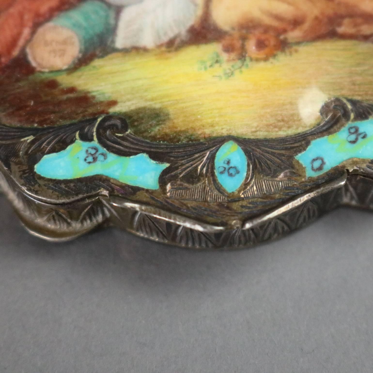 Hand-Painted Antique Continental Hand Enameled Silver Compact with Countryside Scene