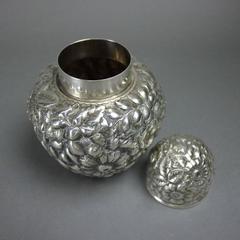 Antique British Sterling Silver Repousse Lidded Jar by Walker & Hall, circa 1840