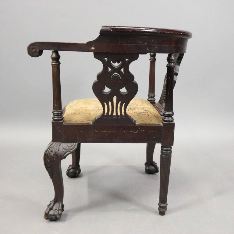 Antique Chippendale Style Carved Mahogany and Floral Needlepoint Corner