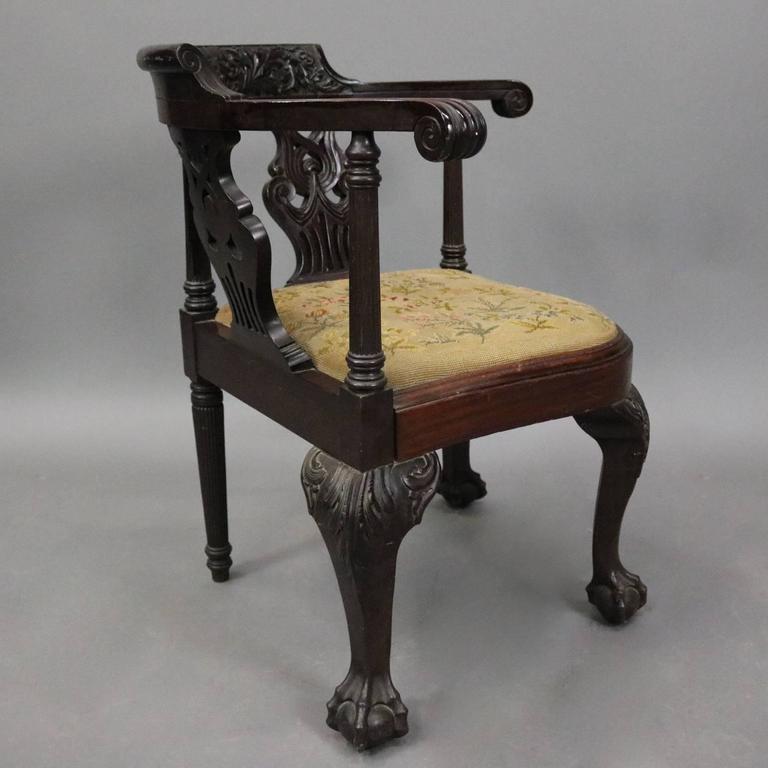 Antique Chippendale Style Carved Mahogany And Floral Needlepoint European Antique Chippendale Style Carved Mahogany & Floral Needlepoint Corner Chair For Sale - Antique Chippendale Style Carved Mahogany And Floral Needlepoint