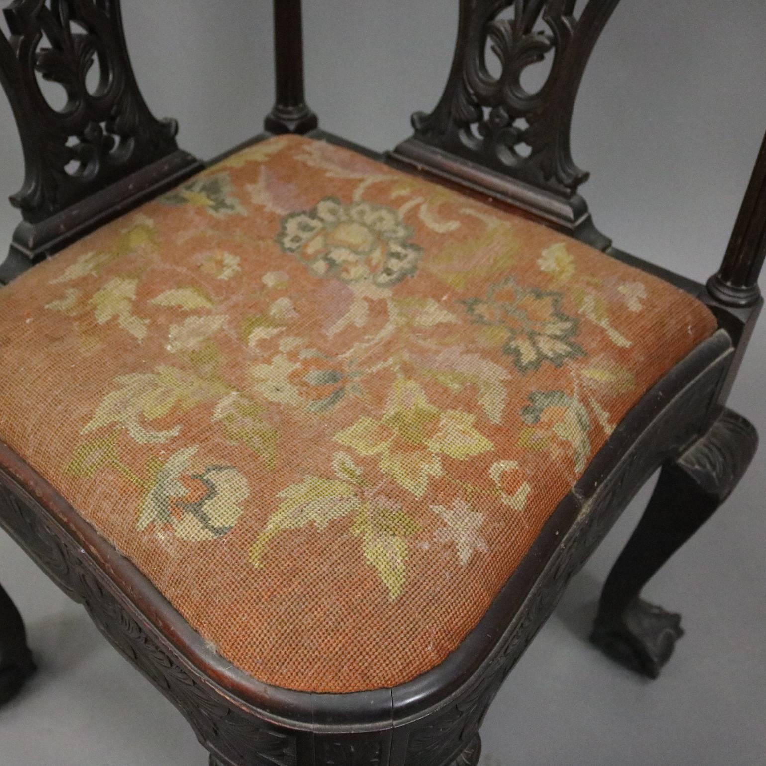 European Chippendale Style Carved Mahogany and Floral Needlepoint Corner Chair, circa 188