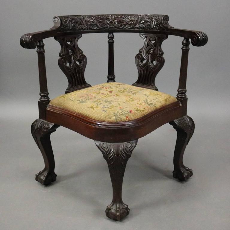 Antique Chippendale Style Carved Mahogany and Floral Needlepoint Corner