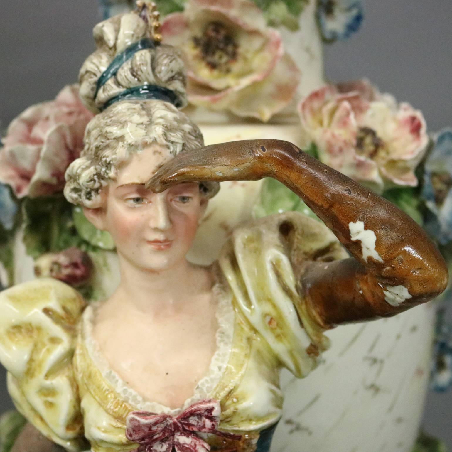Pottery Pair of Antique Monumental Austrian Majolica Figural Floor Vase Sculptures