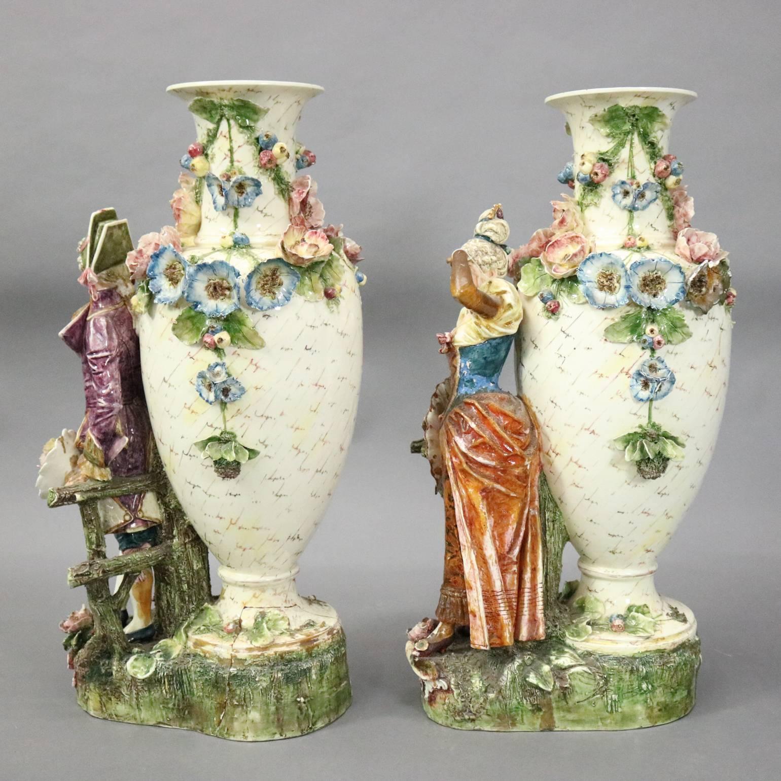 German Pair of Antique Monumental Austrian Majolica Figural Floor Vase Sculptures