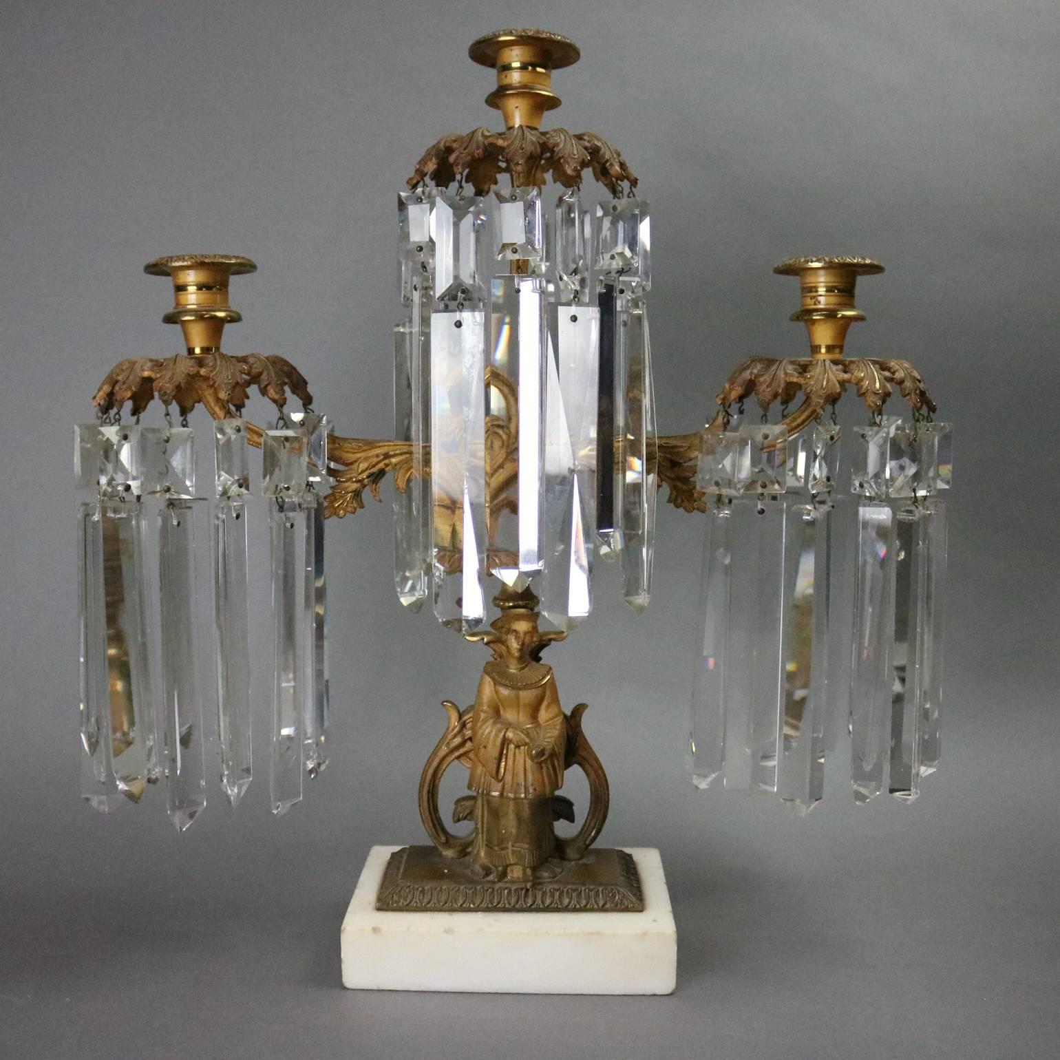 Antique Early Figural Three-Piece Bronze, Crystal and Marble Girandole Set In Good Condition In Big Flats, NY