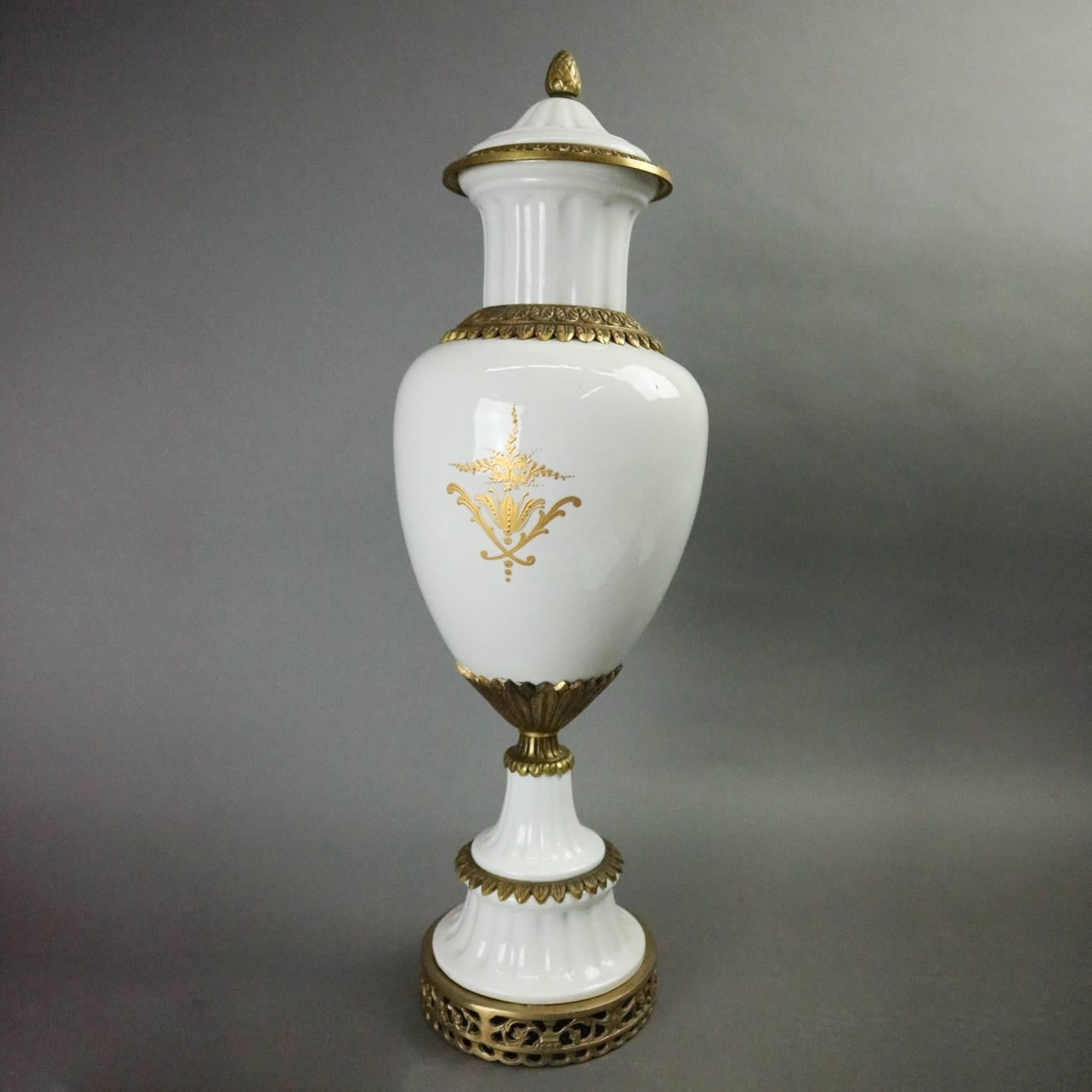 French Neoclassical Gilt Porcelain & Bronze Urn Signed Sevres, circa 1940 In Good Condition In Big Flats, NY