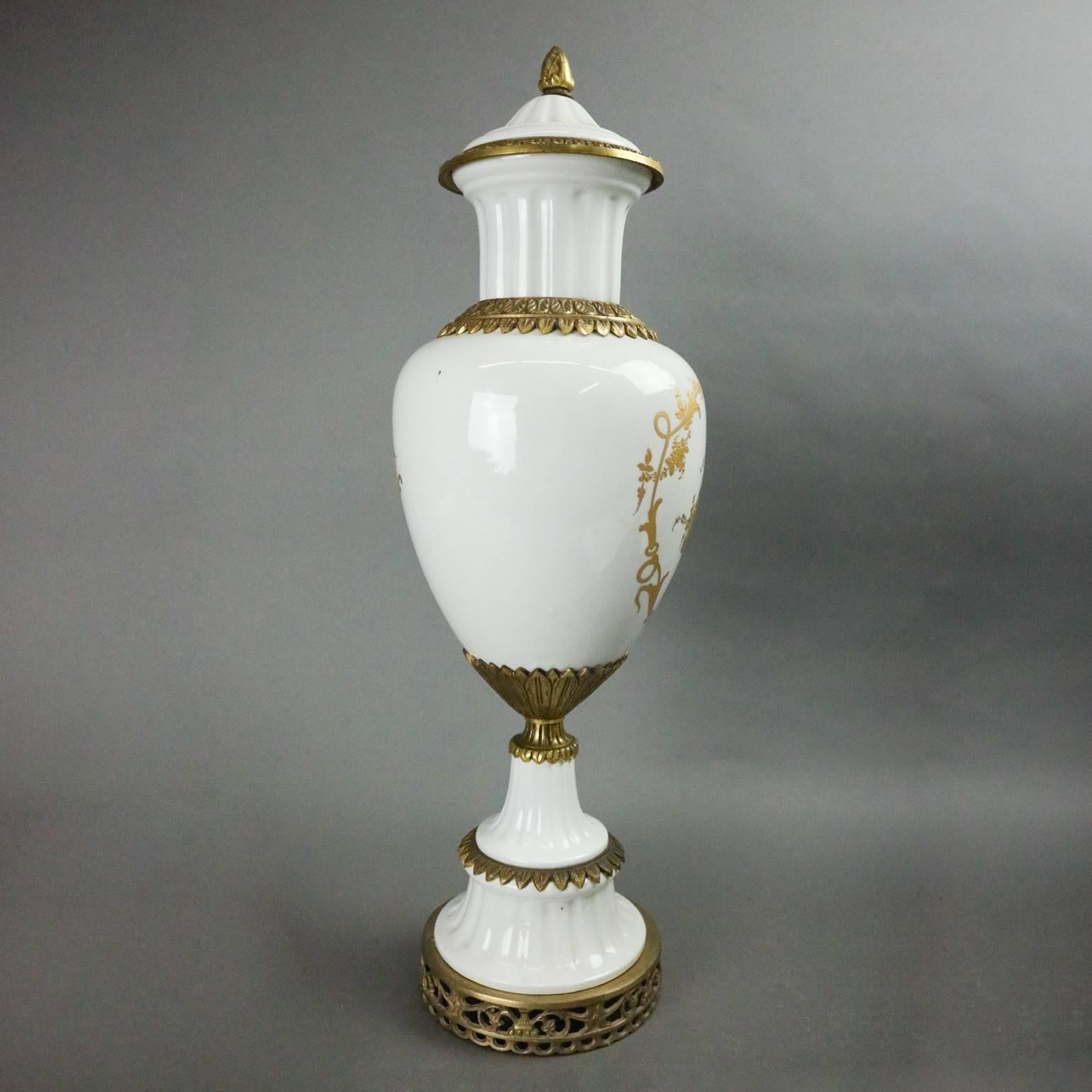 20th Century French Neoclassical Gilt Porcelain & Bronze Urn Signed Sevres, circa 1940