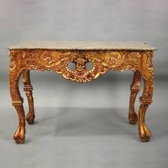 Pair of Vintage Asian Heavily Carved Giltwood Marble Top Console Tables