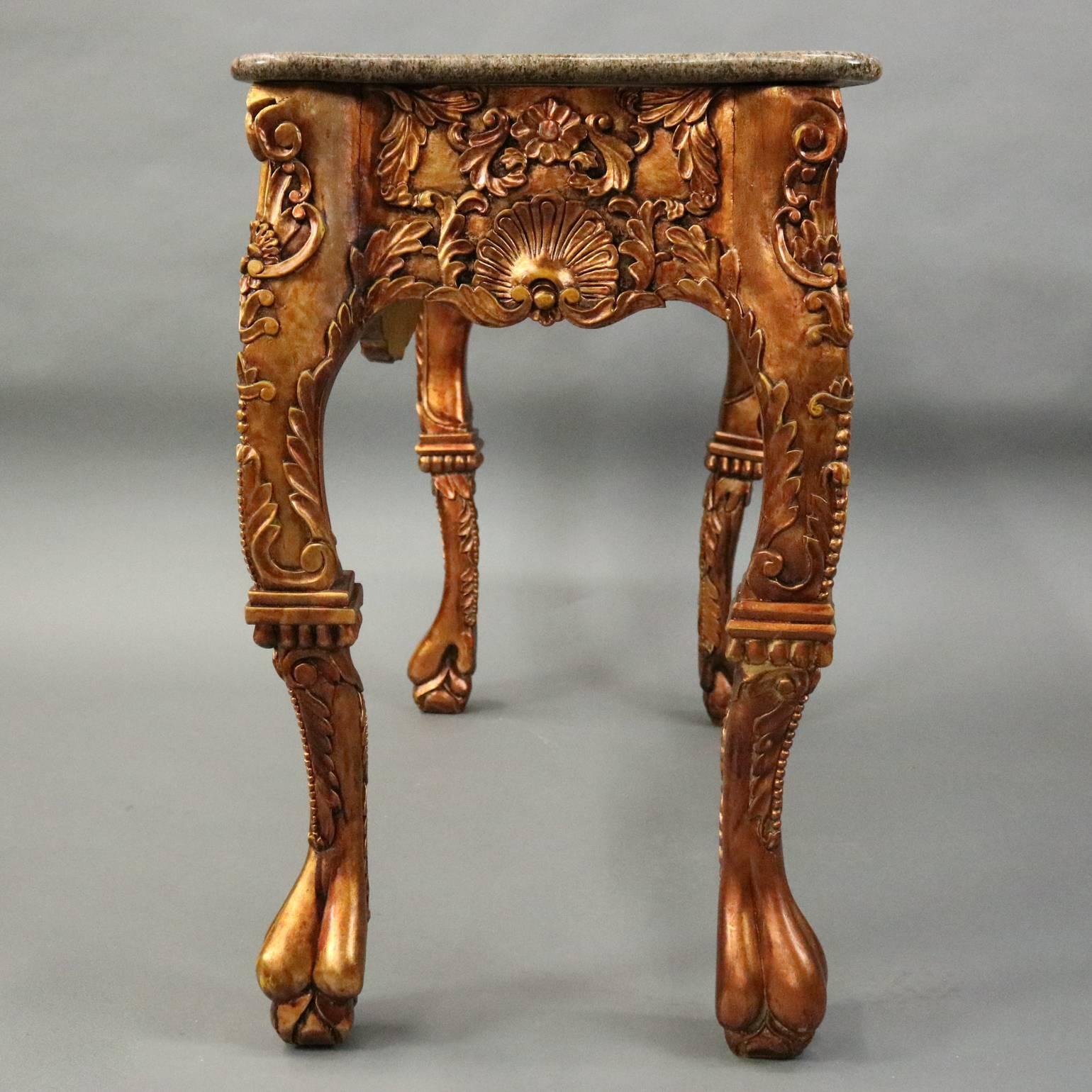 Pair of Vintage Asian Heavily Carved Giltwood Marble Top Console Tables In Good Condition In Big Flats, NY
