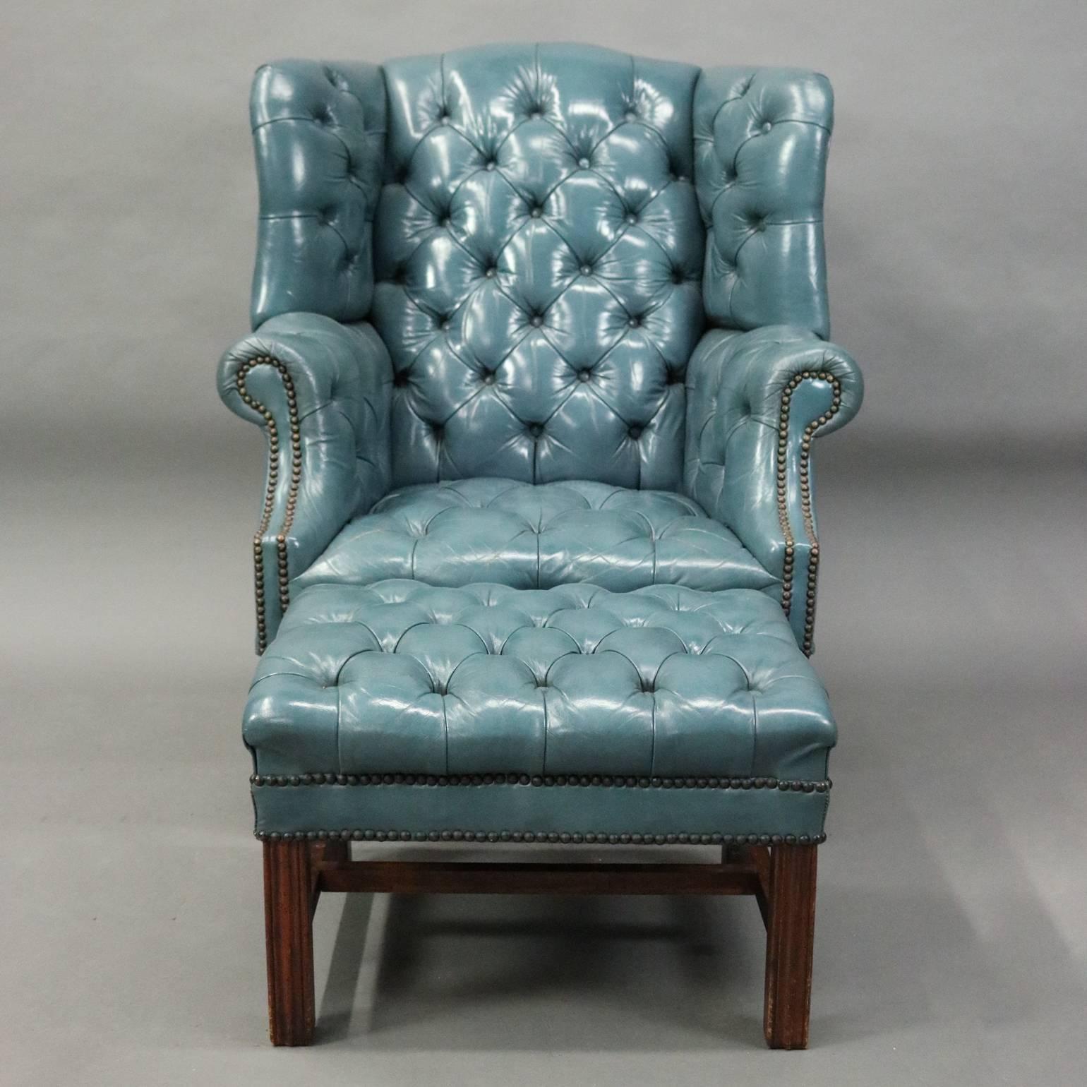 Hepplewhite Style Leather Chesterfield Wingback Chair and Ottoman, circa 1960 In Good Condition In Big Flats, NY