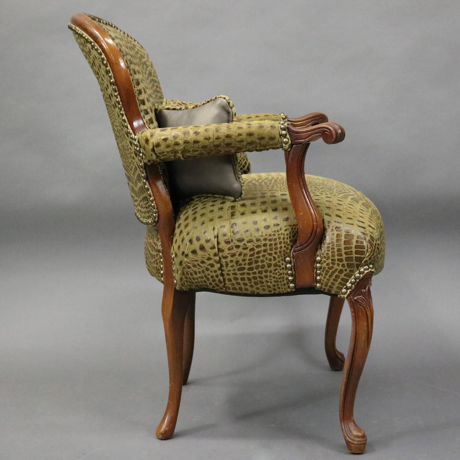 Vintage French Alligator Print Leather Louis XV Style Armchair and Ottoman In Good Condition In Big Flats, NY