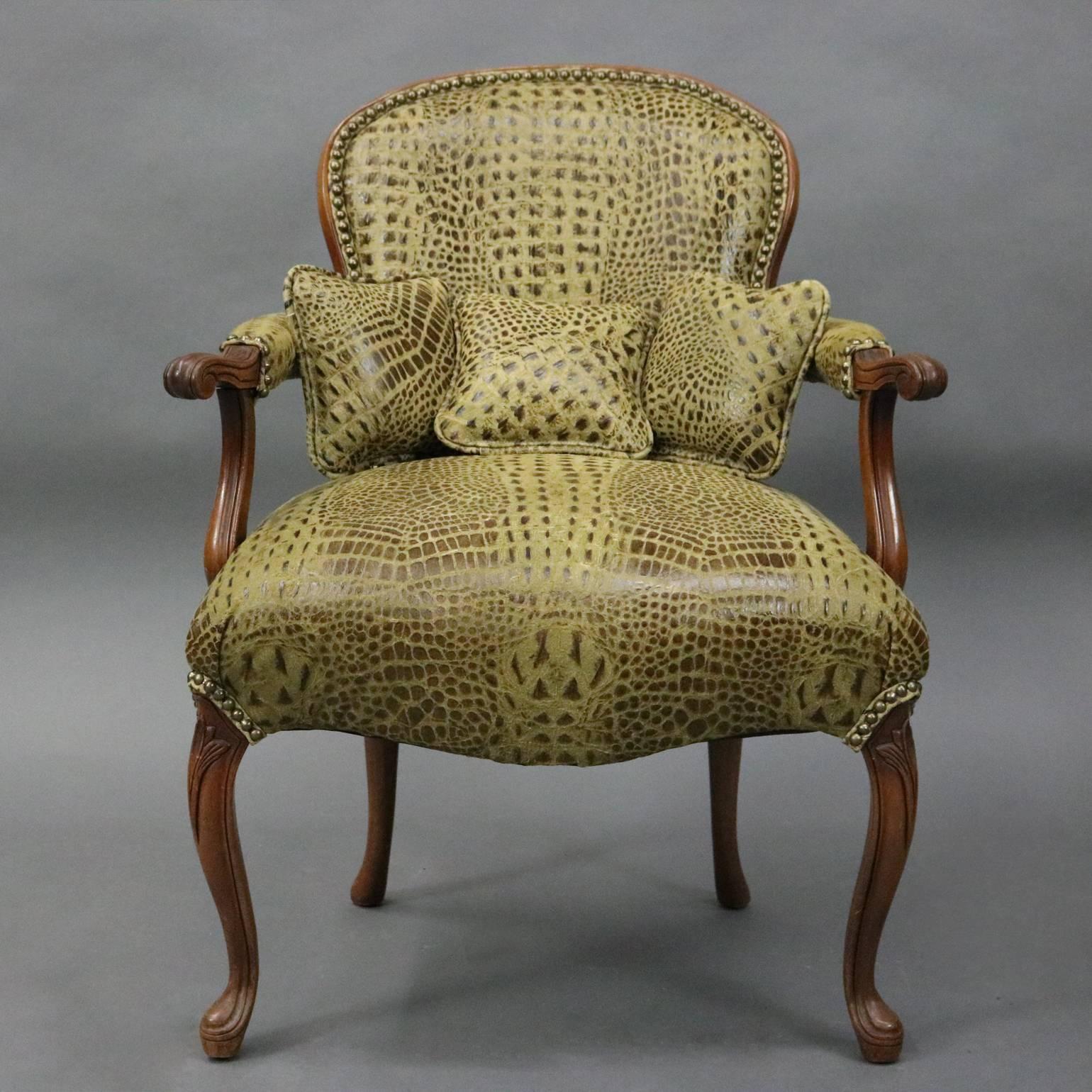 20th Century Vintage French Alligator Print Leather Louis XV Style Armchair and Ottoman