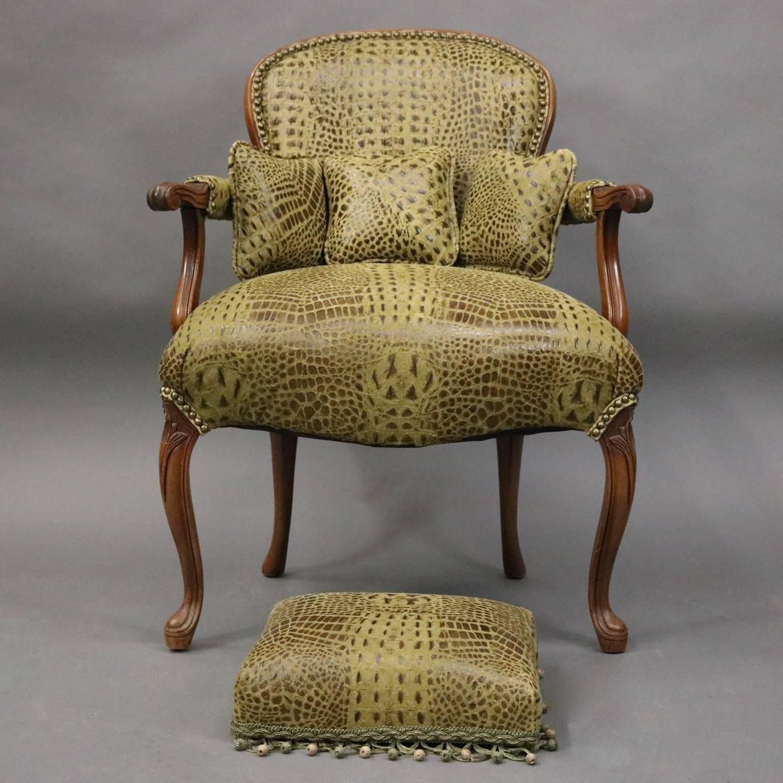 Vintage French Alligator Print Leather Louis XV Style Armchair and Ottoman 1