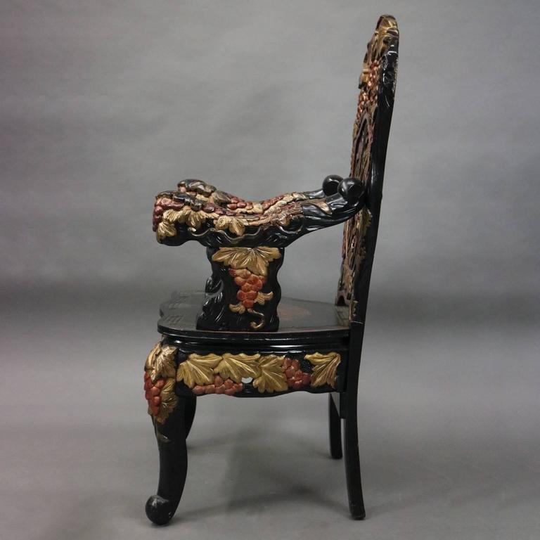 Chinese Heavily Carved Polychrome Throne Chair, Phoenix and Dragon